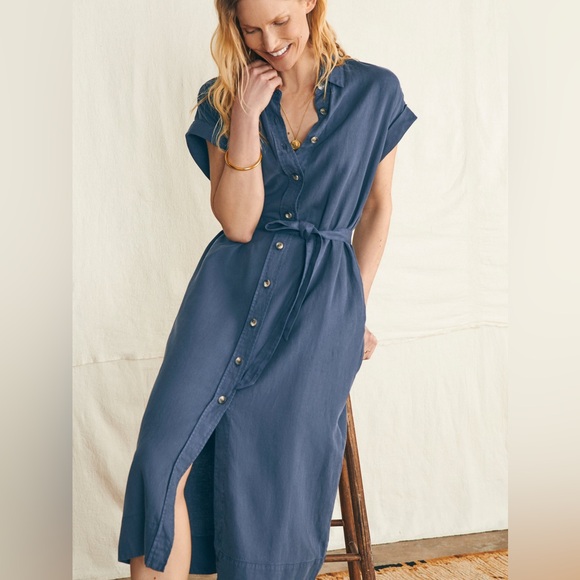 Faherty Dresses & Skirts - Faherty Navy Button-Front Midi Shirt Dress